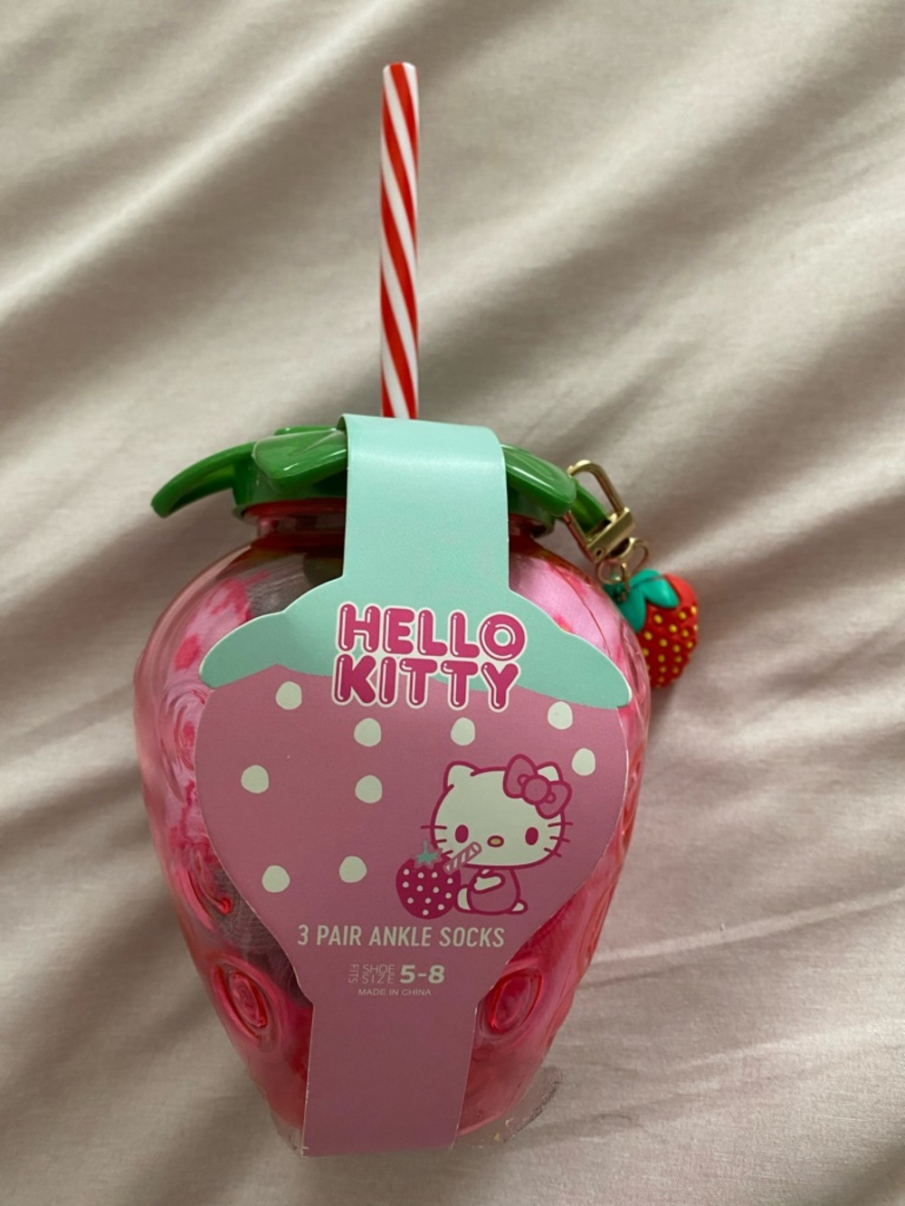 Hello Kitty Strawberry Trinket Cup-  3 Pair Ankle Socks And A Bonus Charm